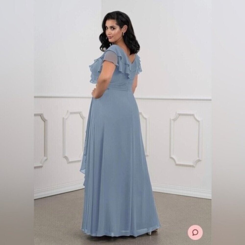 AZAZIE maxi dress A-Line Ruched Chiffon Floor-Length Dress Dusty Blue Size 10 - Picture 5 of 14